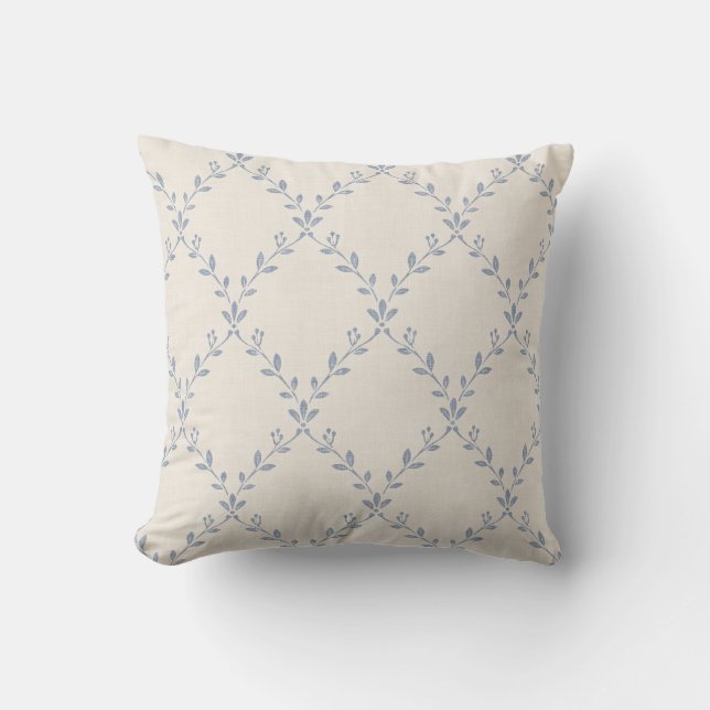 Muted Blue Floral Trellis Block Print Pattern Throw Pillow (Front)
