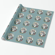 Muted Blue Folk Art Wolf Forest Wrapping Paper