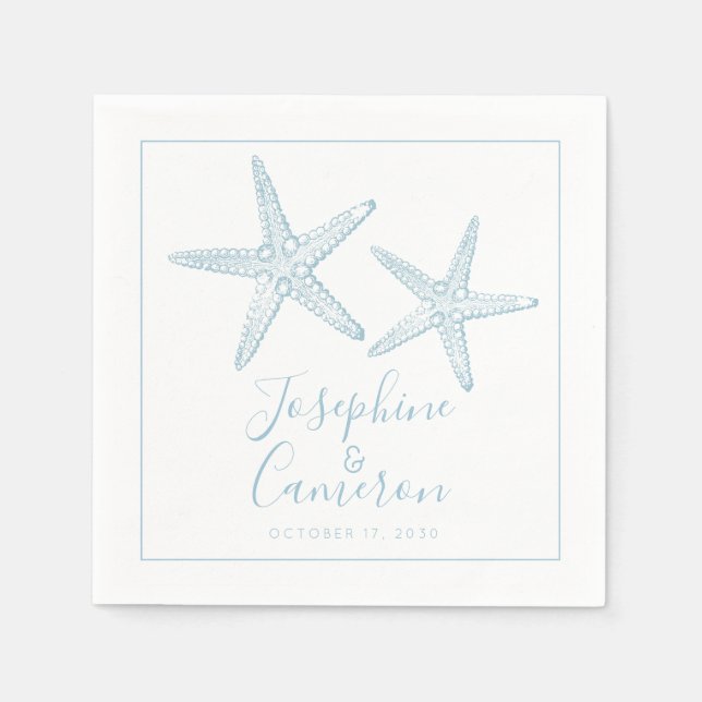 Muted Blue Starfish Coastal Wedding Napkins (Front)