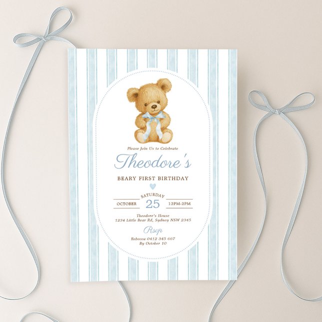 Muted Blue Teddy Bear Beary First Birthday Party Invitation (Creator Uploaded)