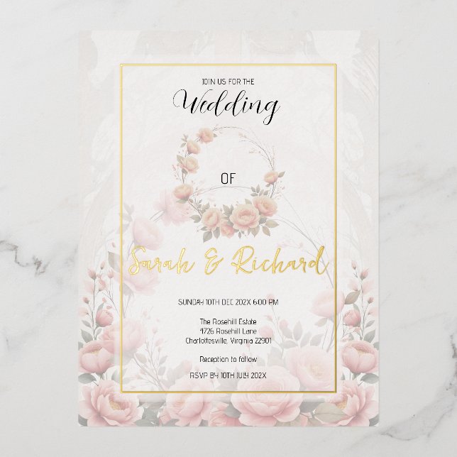 Muted Blush Floral Paper Garden Romantic Wedding Foil Invitation Postcard (Front)
