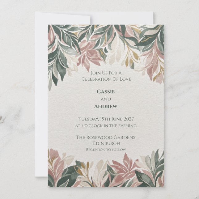 Muted Blush Green Botanical Wedding Invitation (Front)