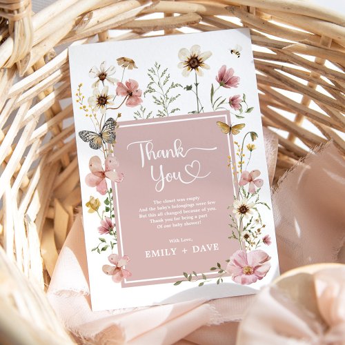 Muted Blush Spring Boho Wildflower Butterfly Baby Thank You Card