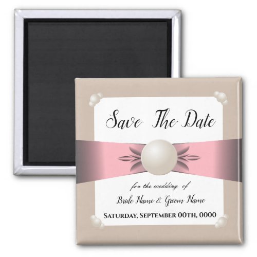 Muted Blush  Tan Pearl Ribbon Photo Save the Date Magnet