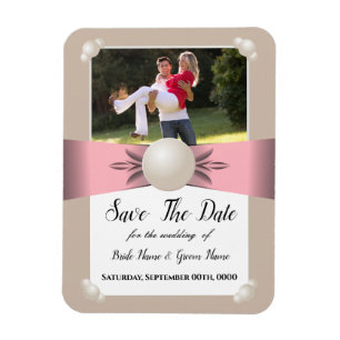 Muted Blush & Tan Pearl Ribbon Photo Save The Date Magnet
