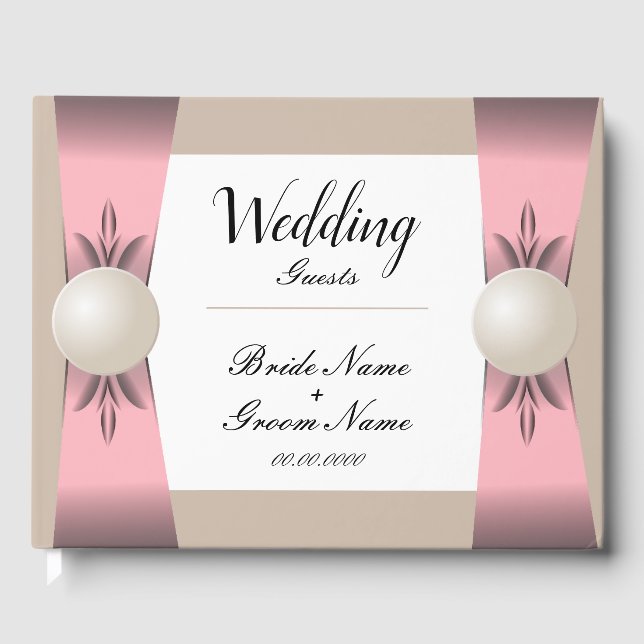Muted Blush & Tan Pearl Ribbon Wedding Guest Book (Front)