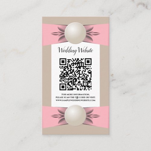 Muted Blush  Tan Pearl Ribbon Wedding QR Code Enclosure Card