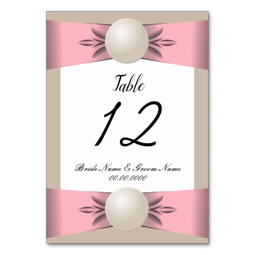 Muted Blush  Tan Pearl Ribbon Wedding Table Number