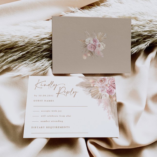 Muted Blush Tropical Boho Pampas Wedding RSVP Card (Creator Uploaded)