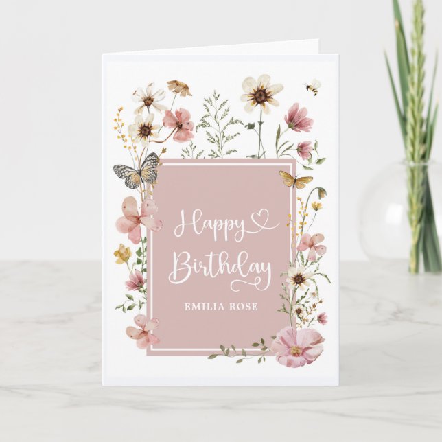 Muted Blush Wildflower Butterfly Happy Birthday Card (Front)