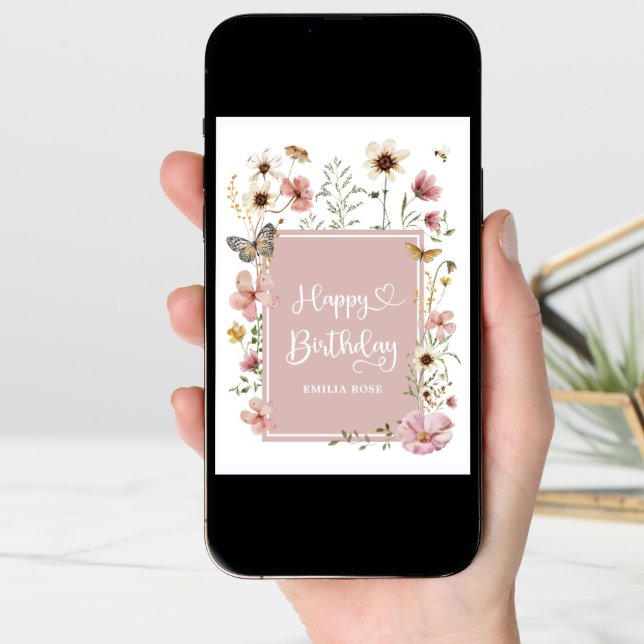 Muted Blush Wildflower Butterfly Happy Birthday Card (Front Digital)