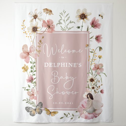Muted Blush Wildflower Fairy Baby Shower Welcome Tapestry