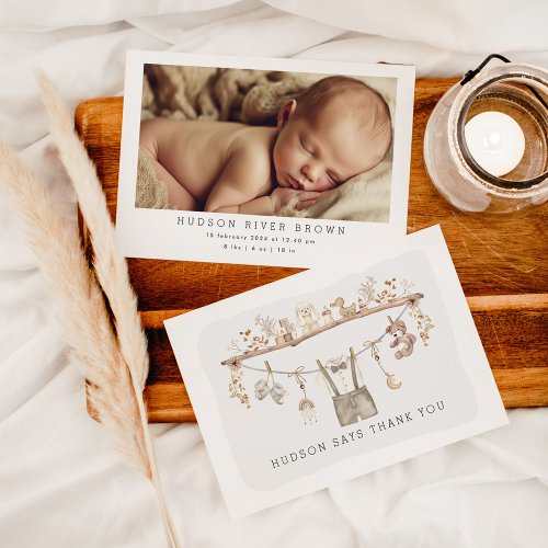 Muted Boho Baby Boy Clothes Little Man Photo Thank You Card