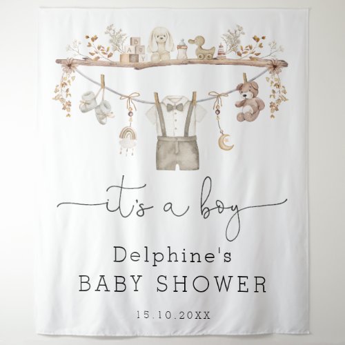 Muted Boho Little Man Boy Baby Shower Welcome Tapestry