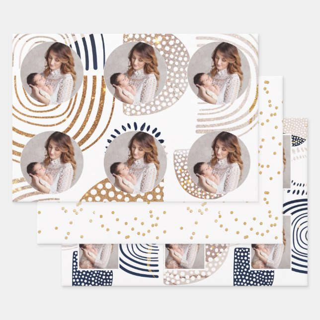 Muted Boho Shapes and Faux Gold Dots Holiday  Wrap Wrapping Paper Sheets (Set)