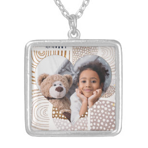 Muted Boho Shapes Heart Photo Silver Plated Necklace