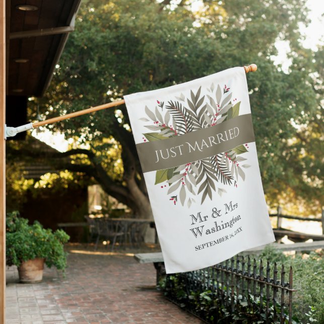 Muted Botanical Just Married Wedding Flag (In SItu)