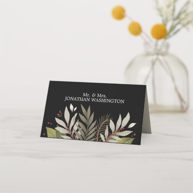 Muted Botanicals Theme | Black | Wedding Place Card (Front)