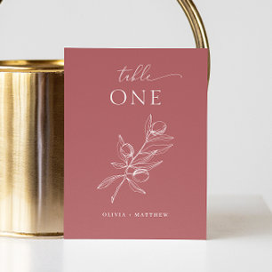 Muted Brick Red Olive Wedding Fall Botanical Table Number