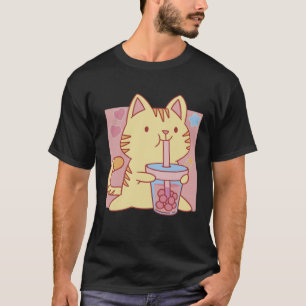 Muted Calico Cat Drinking Boba Tea No White on Cat T-Shirt