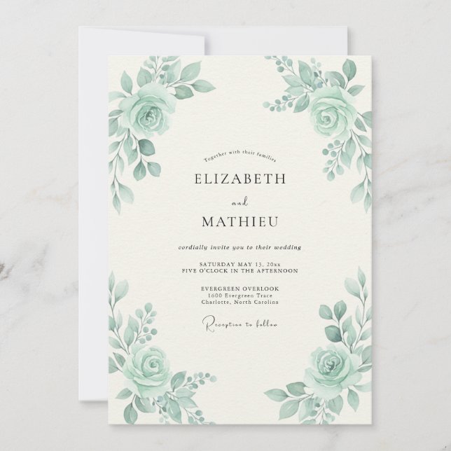 Muted Celadon Peony Wedding Invitation (Front)
