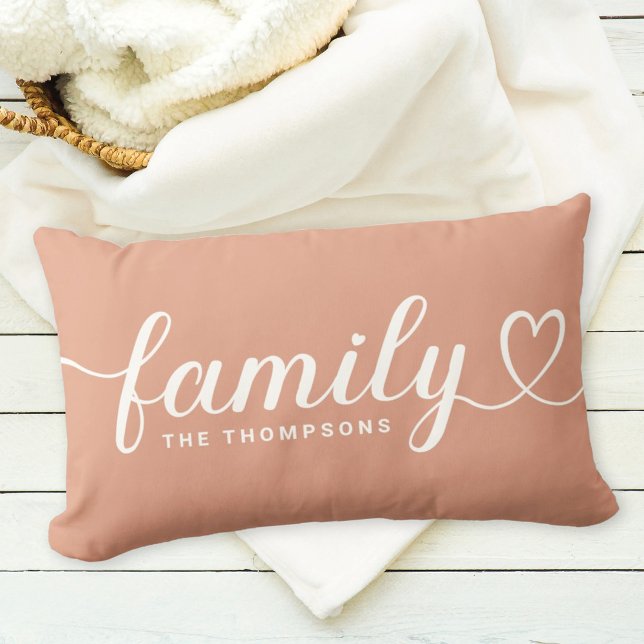 Muted Clay Family Heart Script Monogram Lumbar Pillow (Creator Uploaded)