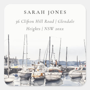 Muted Coastal Boats at Harbor Seascape Address Square Sticker