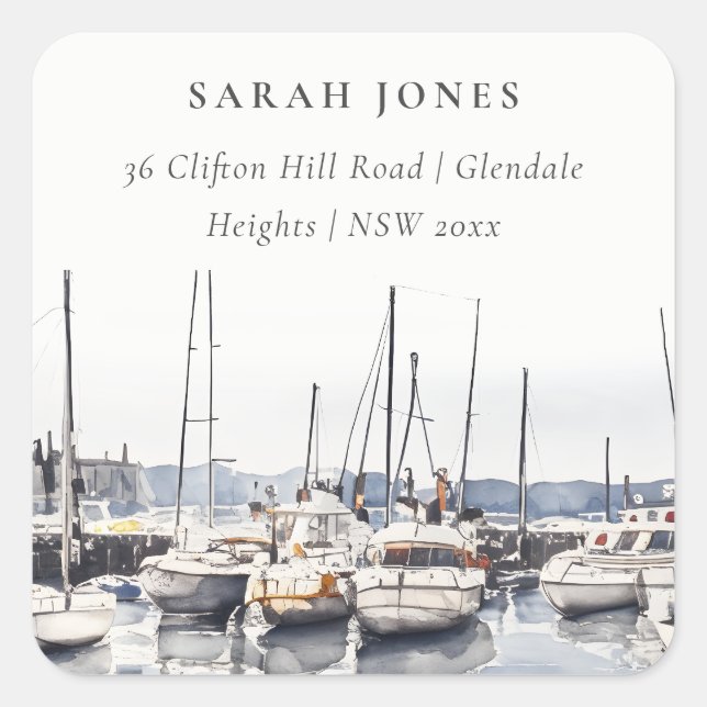 Muted Coastal Boats at Harbor Seascape Address Square Sticker (Front)