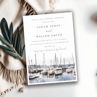 Muted Coastal Boats at Harbor Seascape Anniversary Invitation