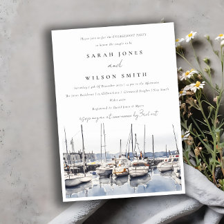 Muted Coastal Boats at Harbor Seascape Engagement  Invitation