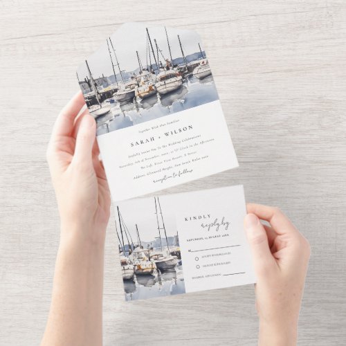 Muted Coastal Boats at Harbor Seascape Wedding All In One Invitation