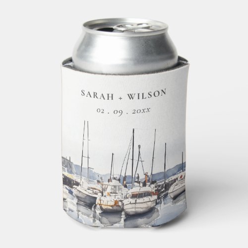 Muted Coastal Boats at Harbor Seascape Wedding Can Cooler
