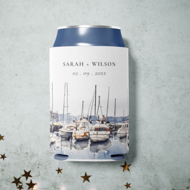 Muted Coastal Boats at Harbor Seascape Wedding Can Cooler (Creator Uploaded)