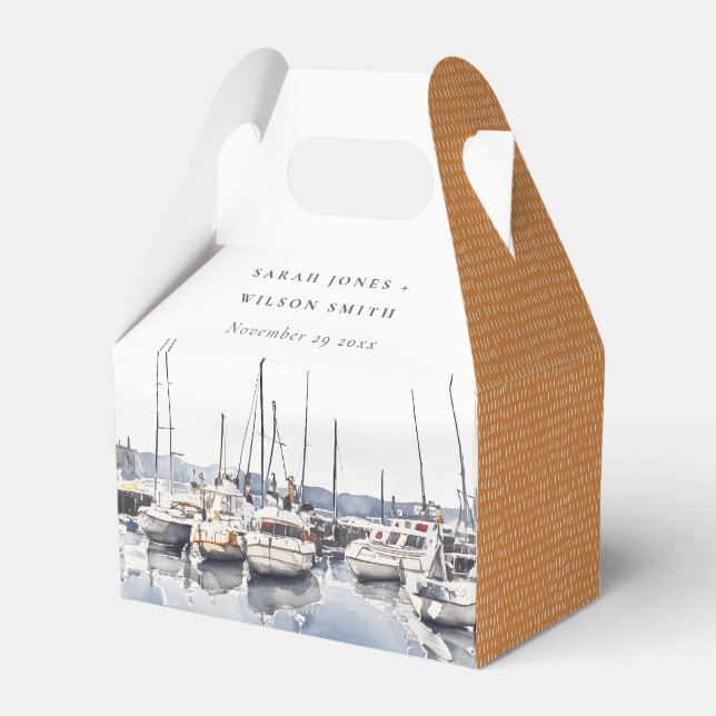 Muted Coastal Boats at Harbor Seascape Wedding Favor Boxes (Front Side)