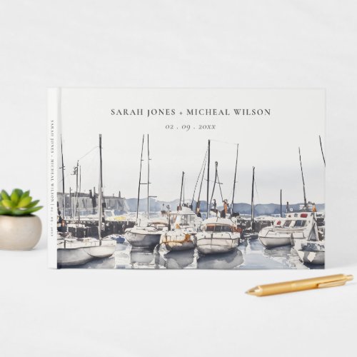 Muted Coastal Boats at Harbor Seascape Wedding Guest Book