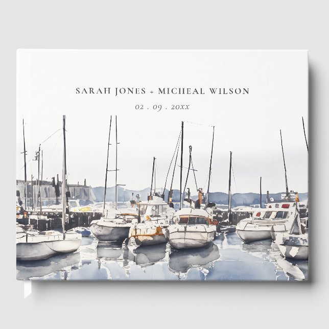 Muted Coastal Boats at Harbor Seascape Wedding Guest Book (Front)