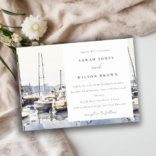 Muted Coastal Boats at Harbor Seascape Wedding Invitation