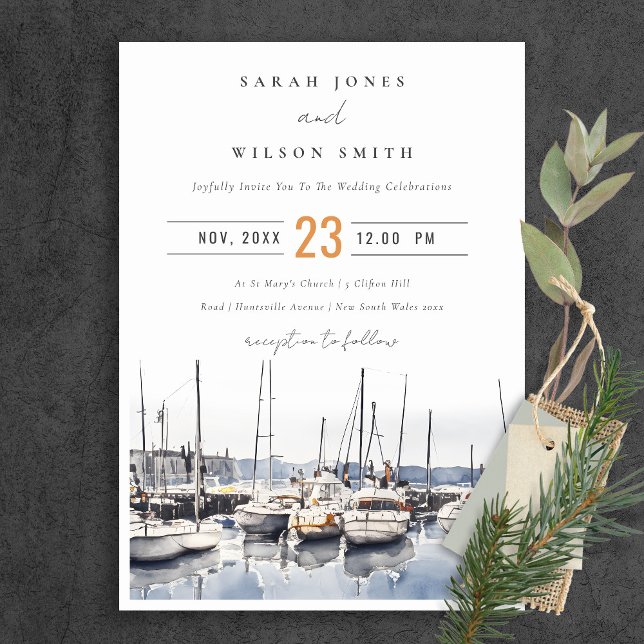 Muted Coastal Boats at Harbor Seascape Wedding Invitation (Creator Uploaded)