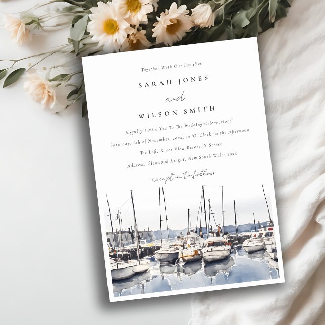 Muted Coastal Boats at Harbor Seascape Wedding Invitation (Creator Uploaded)