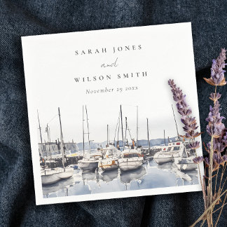 Muted Coastal Boats at Harbor Seascape Wedding Napkins