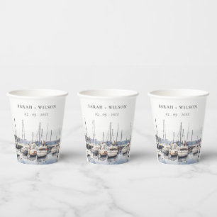 Muted Coastal Boats at Harbor Seascape Wedding Paper Cups