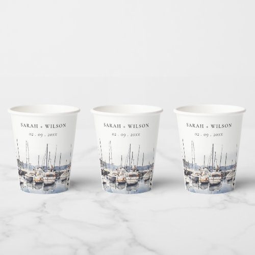 Muted Coastal Boats at Harbor Seascape Wedding Paper Cups