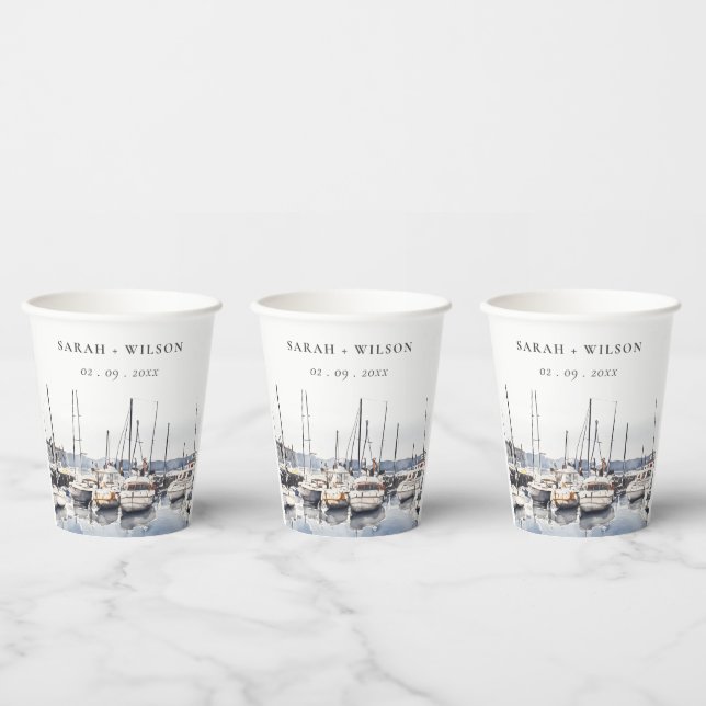 Muted Coastal Boats at Harbor Seascape Wedding Paper Cups (Multi)