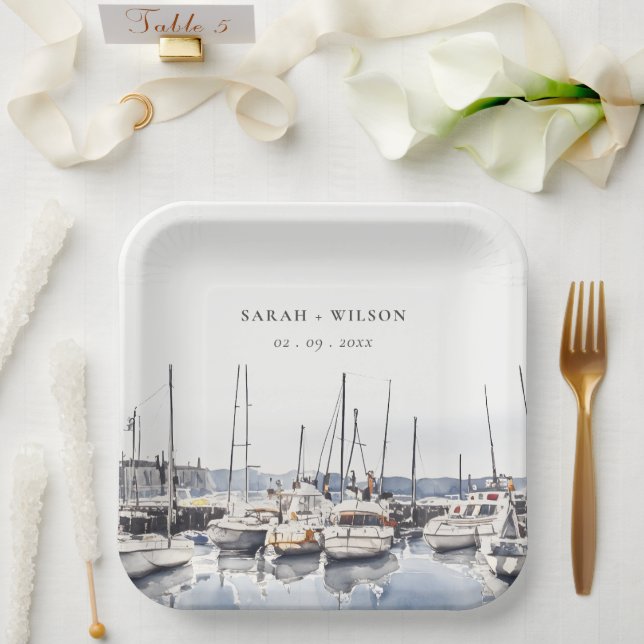 Muted Coastal Boats at Harbor Seascape Wedding Paper Plates (Wedding)