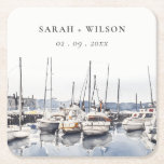Muted Coastal Boats at Harbor Seascape Wedding Square Paper Coaster<br><div class="desc">Coastal Boats at Harbor Seascape Theme Collection.- it's an elegant script watercolor Illustration of pastel Harbor Side Boats ,  perfect for your harbor destination wedding & parties. It’s very easy to customize,  with your personal details. If you need any other matching product or customization,  kindly message via Zazzle.</div>
