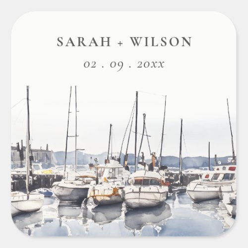 Muted Coastal Boats at Harbor Seascape Wedding Square Sticker