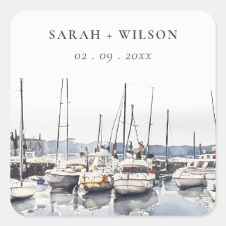 Muted Coastal Boats at Harbor Seascape Wedding Square Sticker