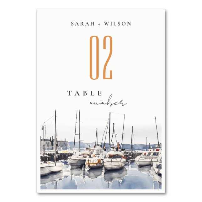 Muted Coastal Boats at Harbor Seascape Wedding Table Number (Front)
