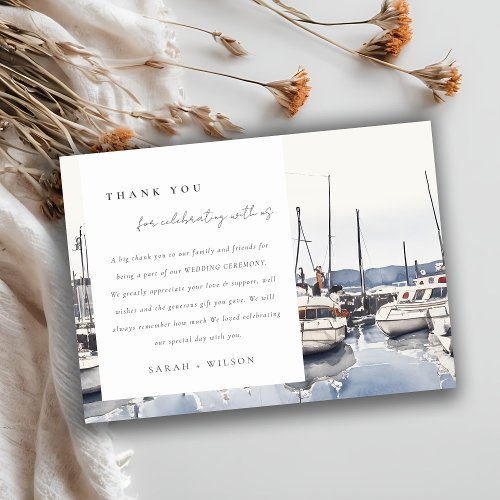 Muted Coastal Boats at Harbor Seascape Wedding Thank You Card