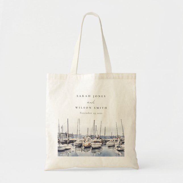 Muted Coastal Boats at Harbor Seascape Wedding Tote Bag (Front)